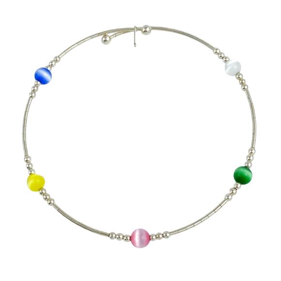 Memory Wire Multicolor Cat's Eye Bracelet | Sterling Silver 925 | 7.5" - Picture 1 of 5
